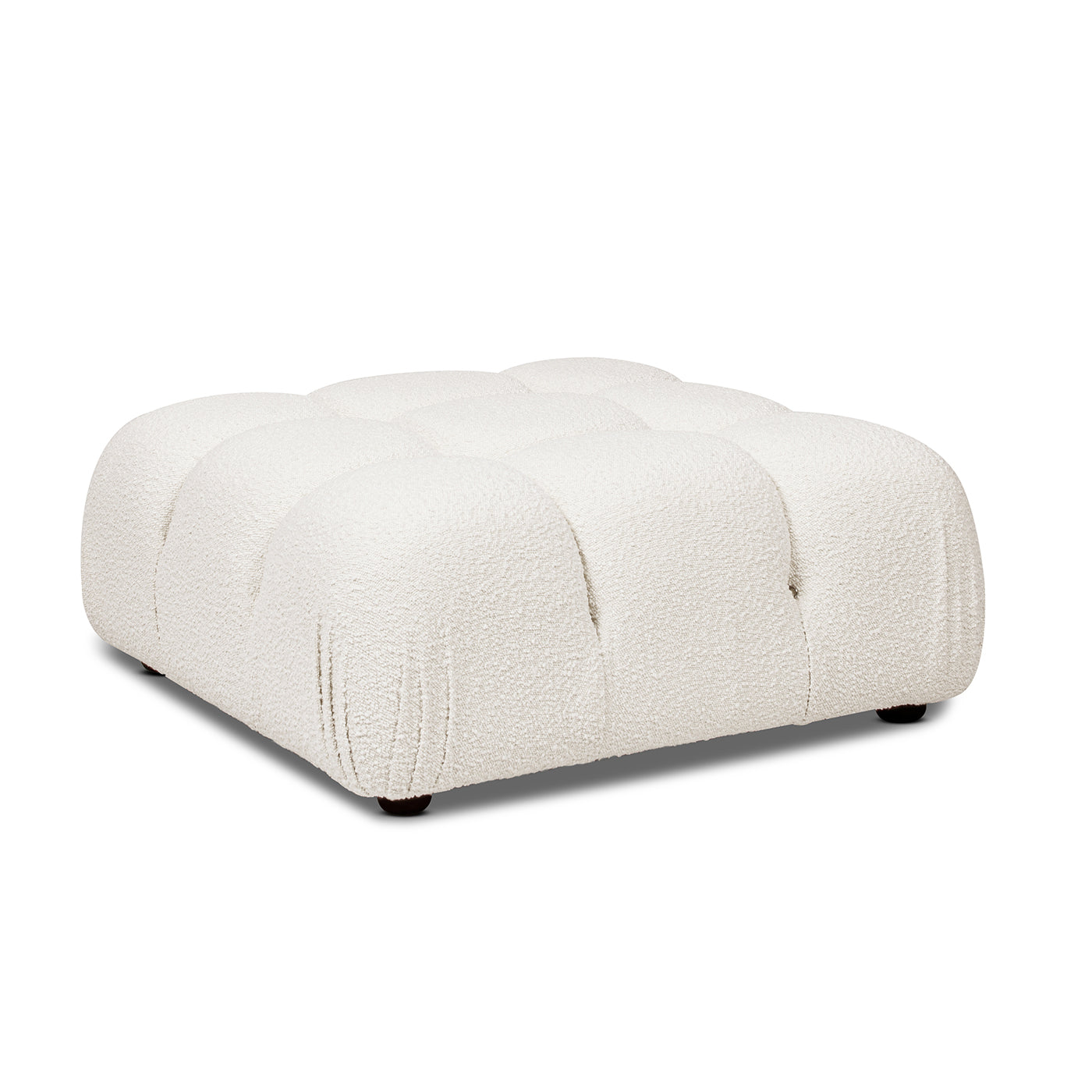 Tufted white boucle ottoman with plush comfortable seating for any living room