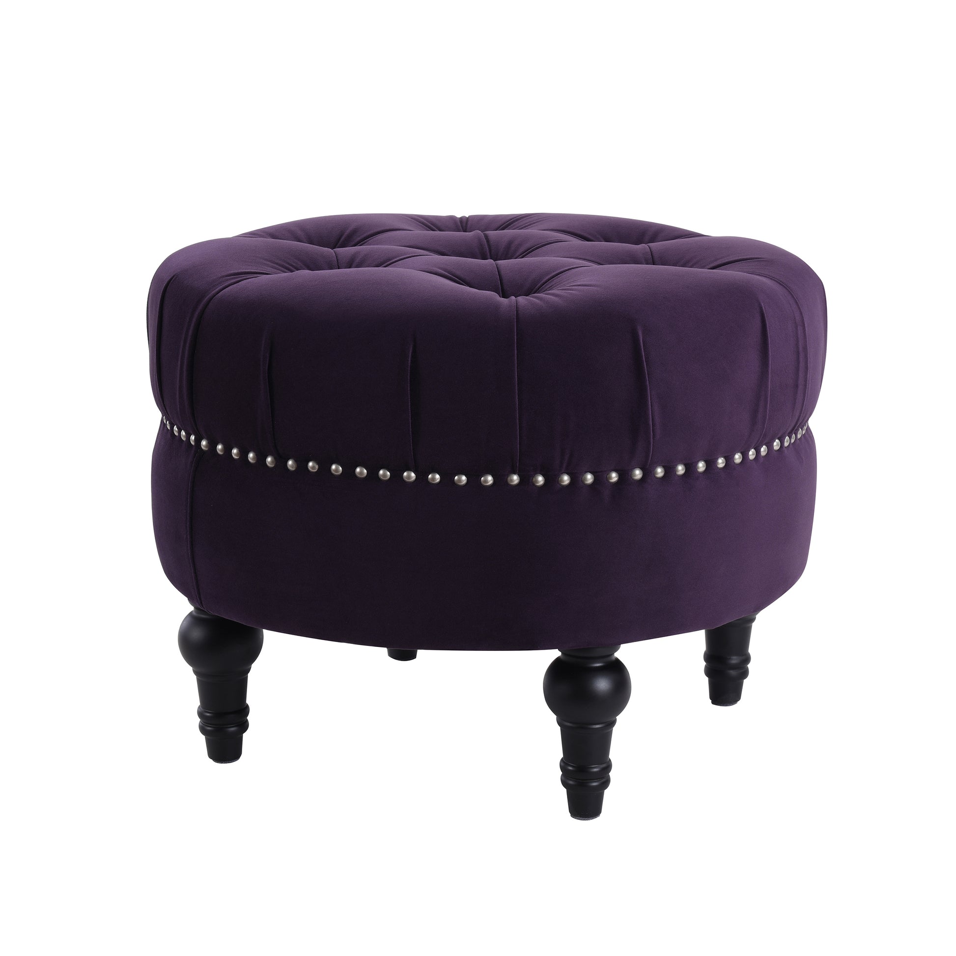 Deep purple velvet tufted ottoman with silver nailhead trim and black legs