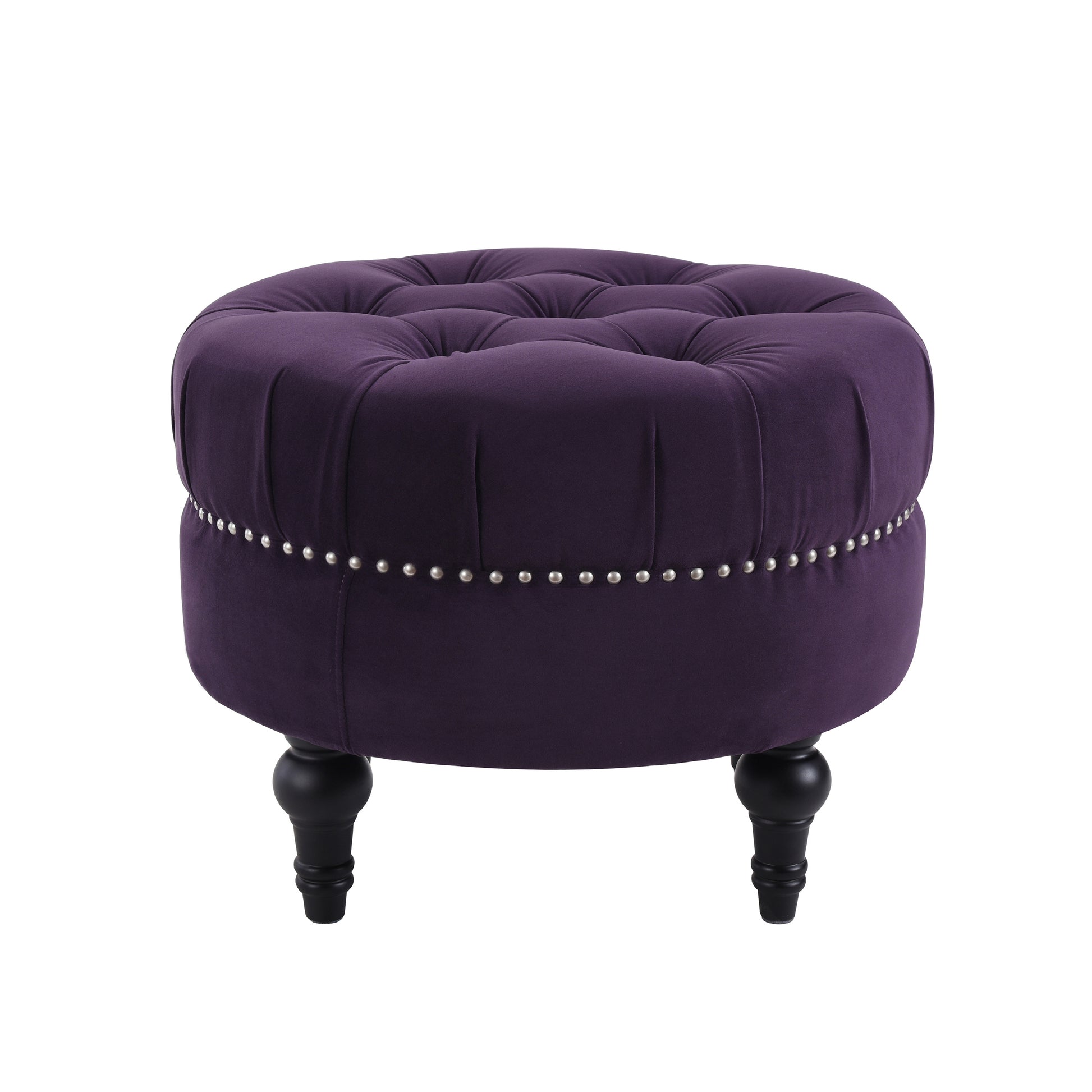 Deep purple velvet tufted ottoman with silver nailhead trim and turned black legs