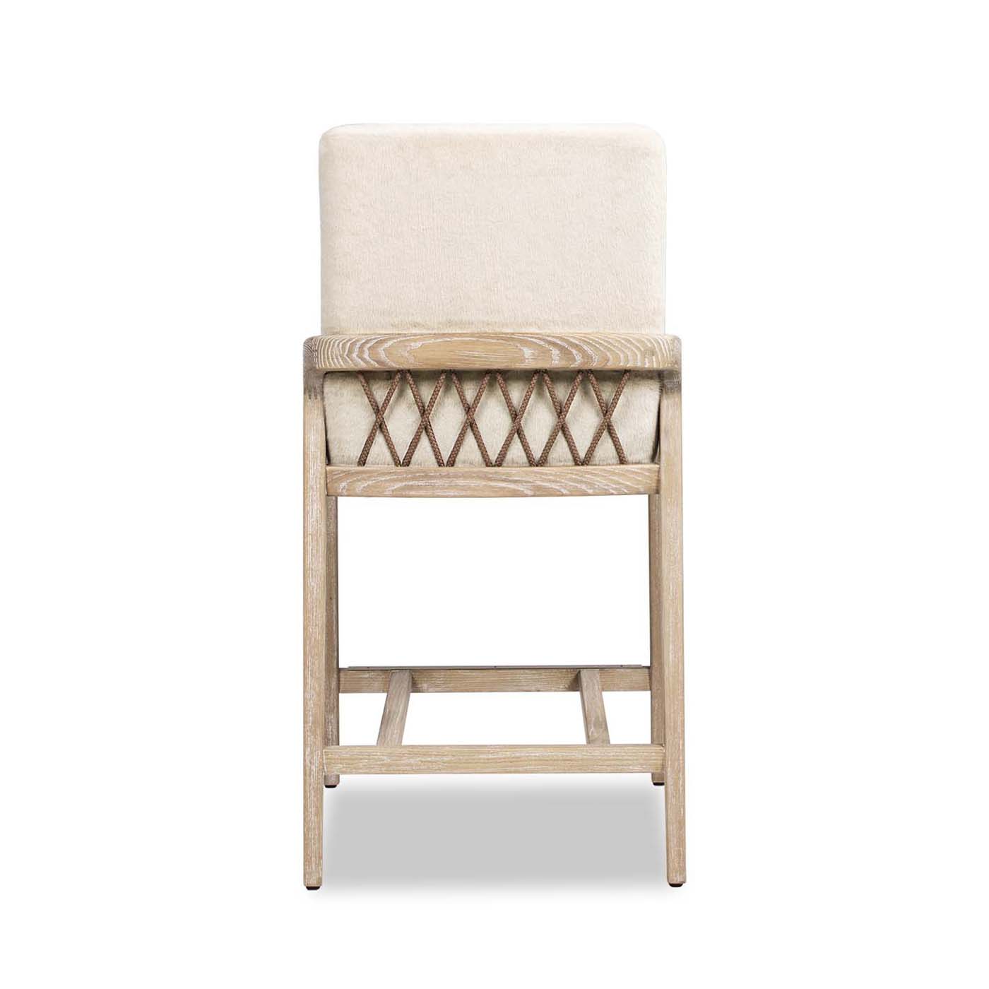 Cream upholstered counter stool with woven crisscross detail and light oak frame
