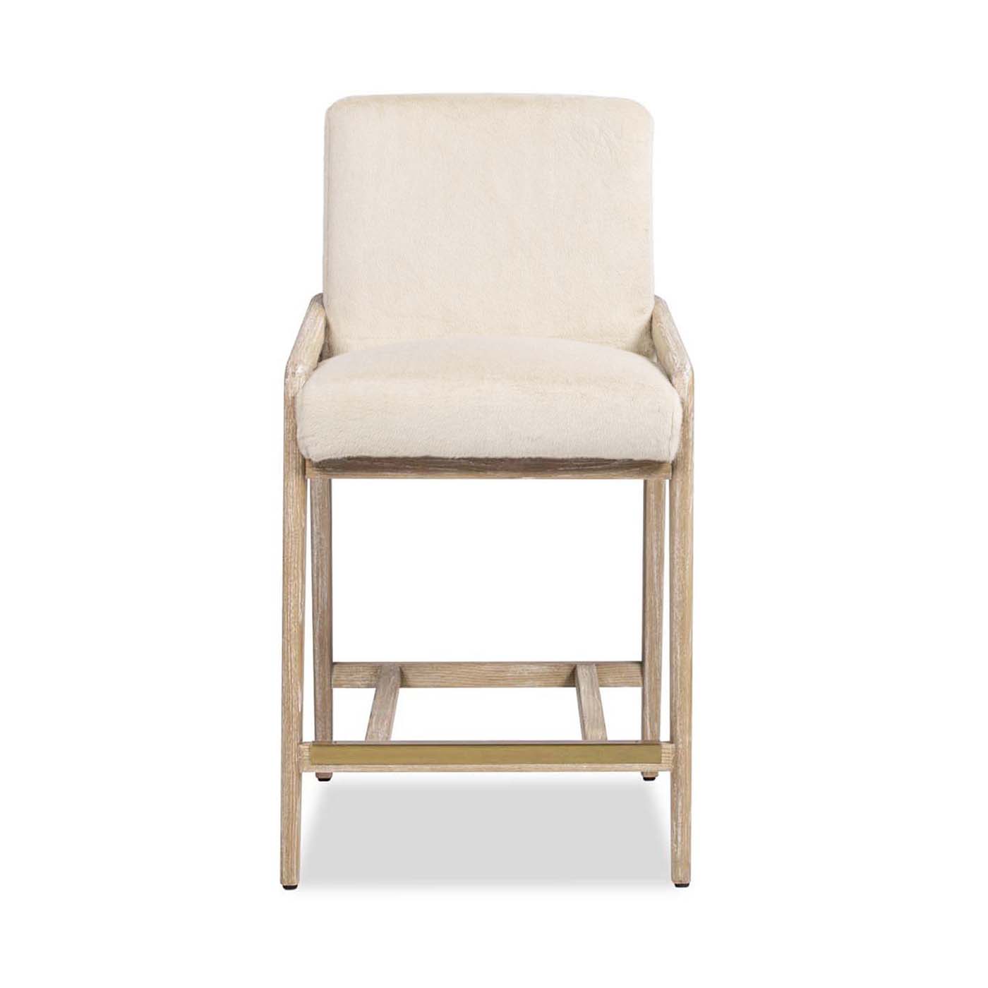 Cream boucle fabric counter stool with a light oak wood frame and brass footrest