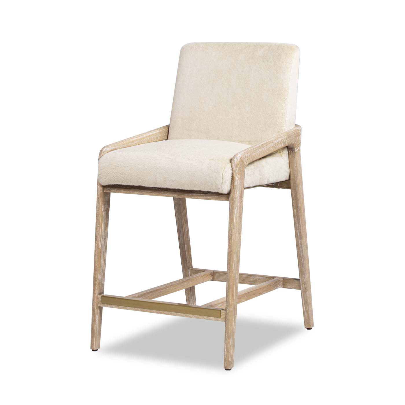 Cream boucle fabric counter stool with light wood frame and brass footrest