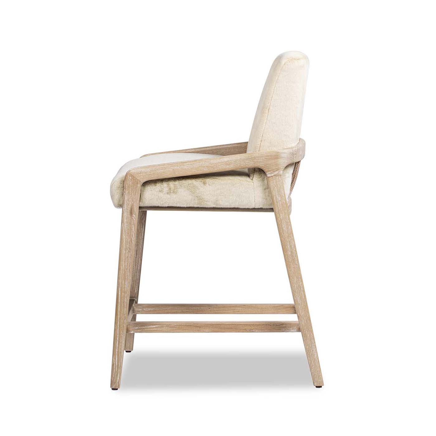 Natural wood bar stool with plush cream boucle upholstery perfect for modern kitchens