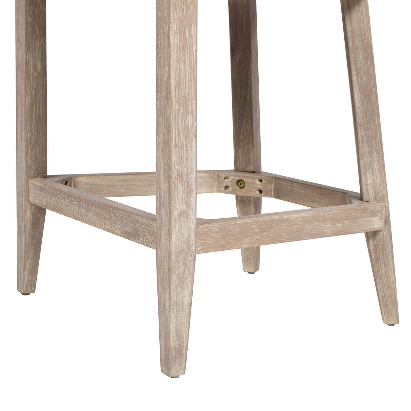 Distressed wood bar stool legs with square footrest on white background