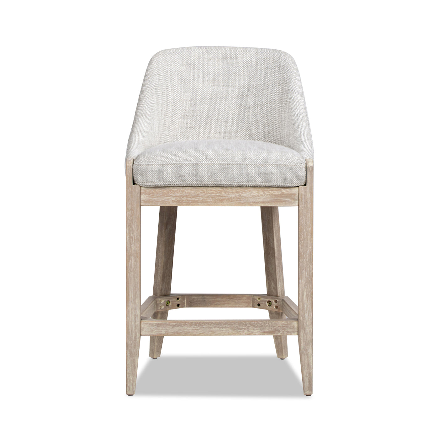 Modern upholstered counter stool in a light neutral fabric with a distressed wood frame