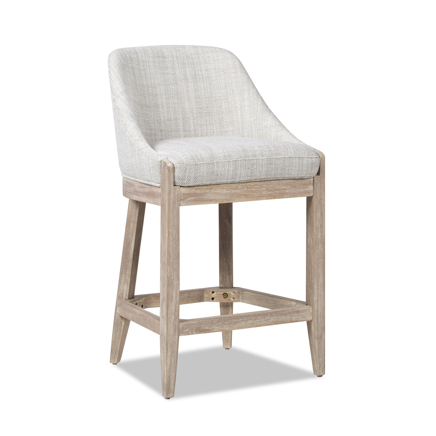 Light grey textured fabric counter stool with weathered oak wood frame