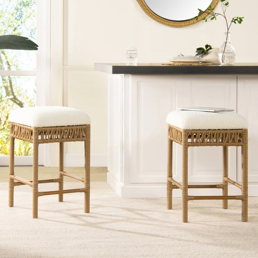 Rattan counter stool with plush white boucle seat perfect for kitchen islands