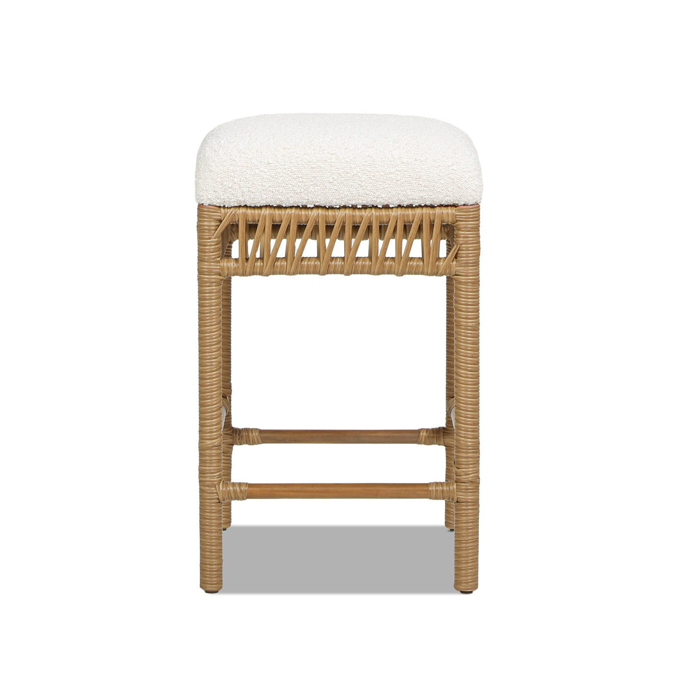 Woven rattan bar stool with a comfortable boucle cushion for kitchen island seating