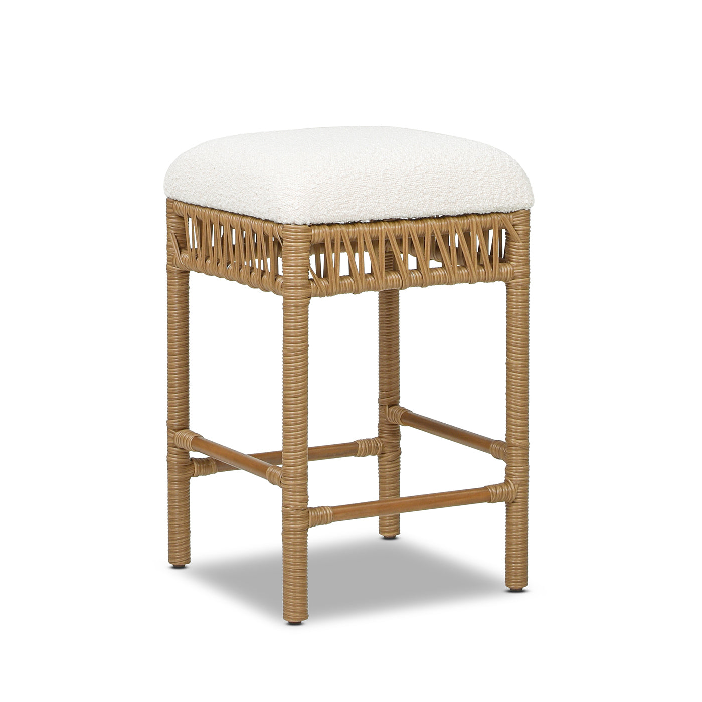 Natural rattan counter stool with plush white boucle seat perfect for kitchen island seating
