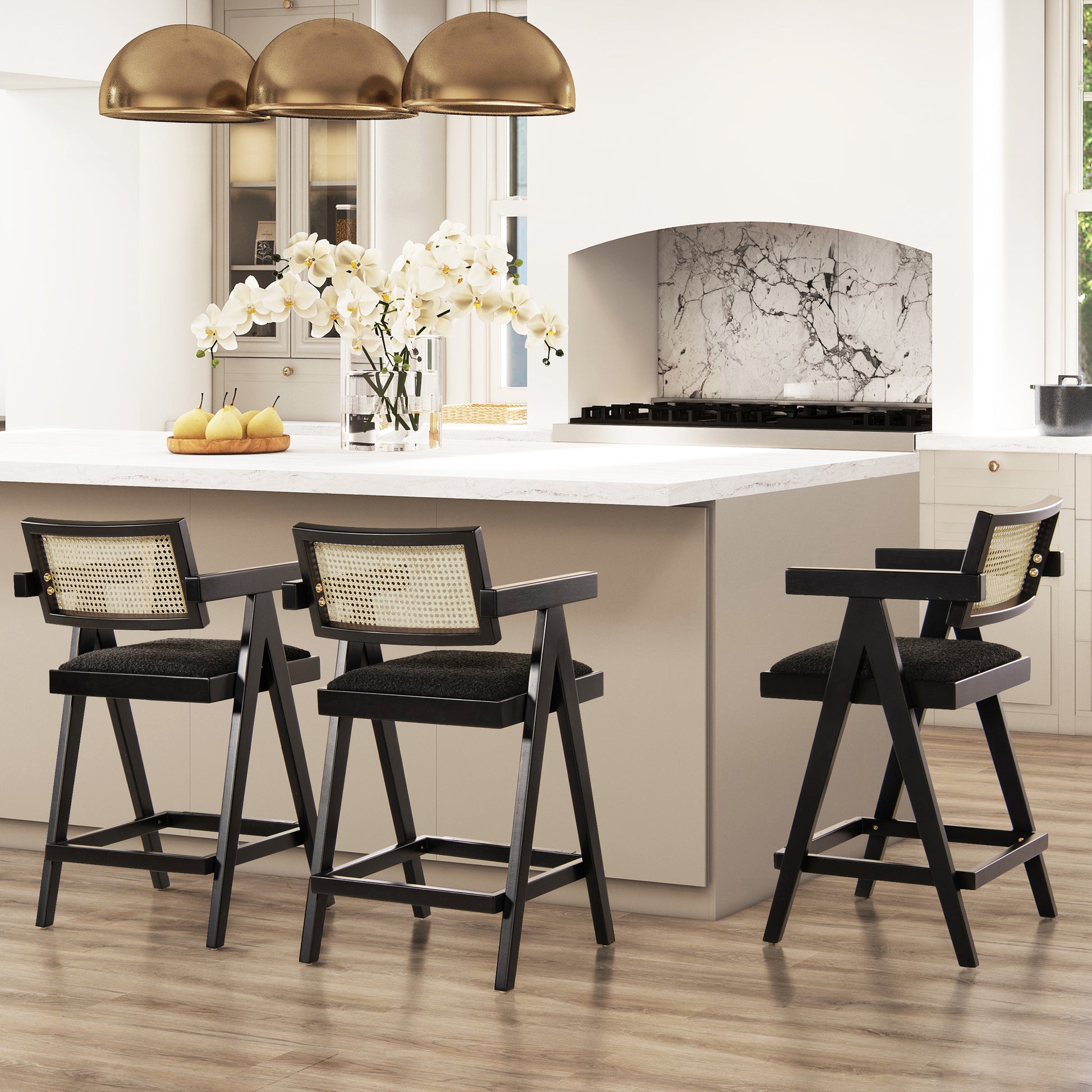 Black cane back bar stool with dark wood frame and upholstered seat