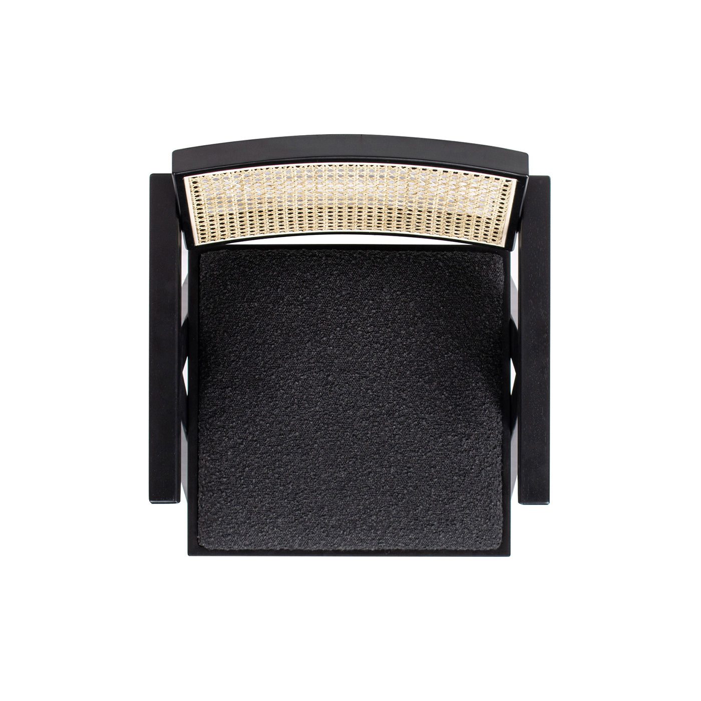 Top view of black modern dining chair with rattan back and textured seat