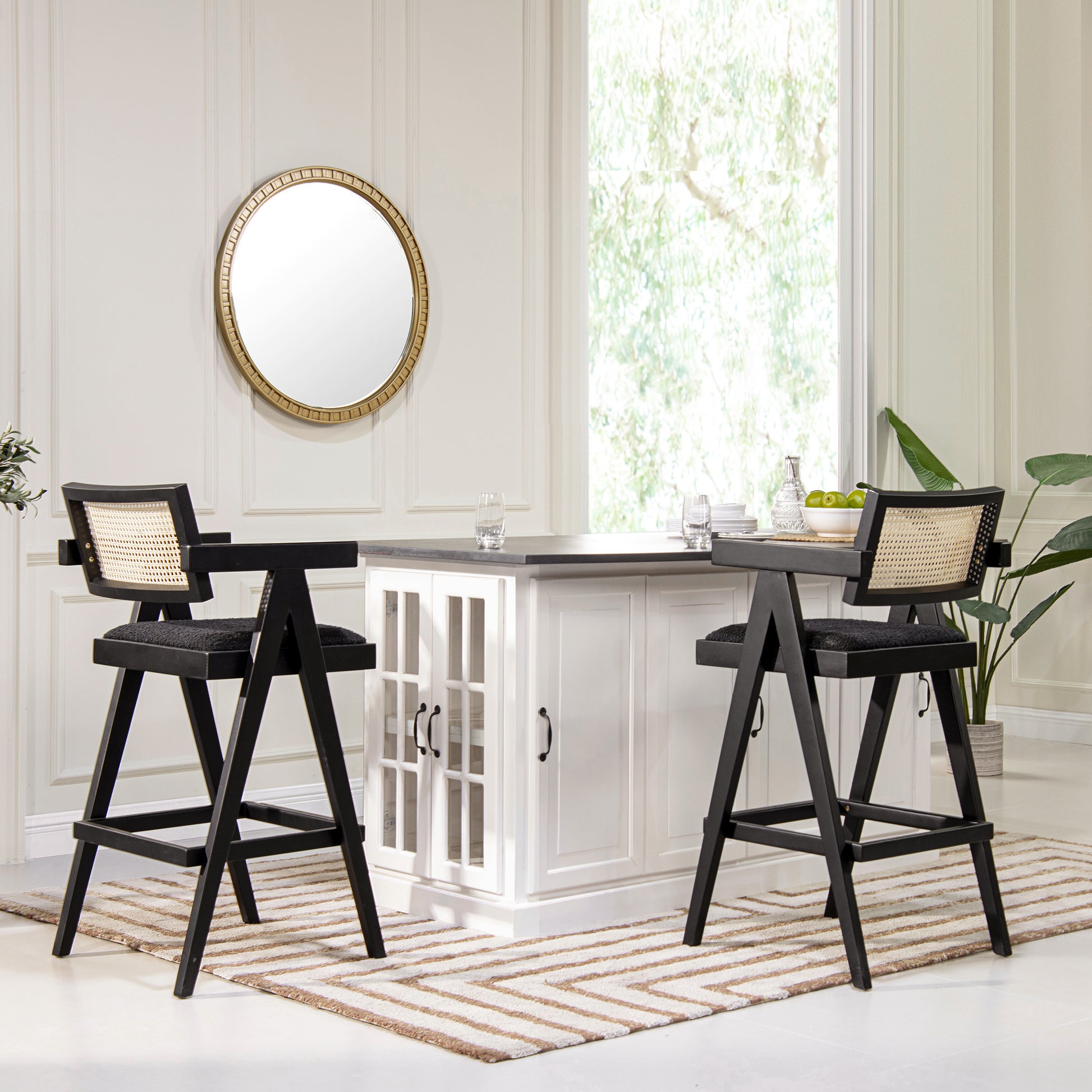 Black wood cane accent bar stool with cushioned seat ideal for kitchen islands