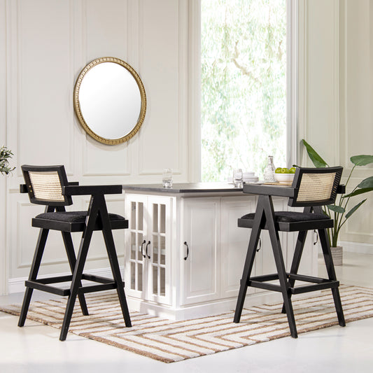 Black wood cane accent bar stool with cushioned seat ideal for kitchen islands