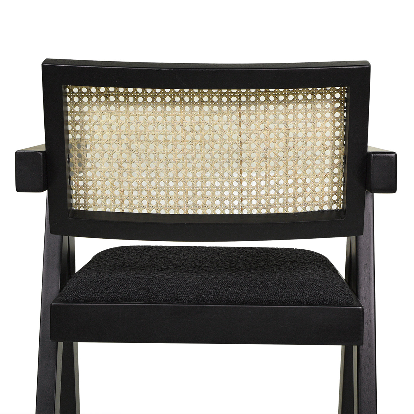 Black cane back accent chair with upholstered seat