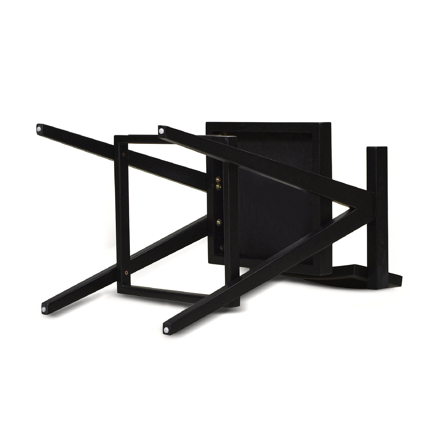 Black modern wood stool upside down showing Xframe legs and seat construction