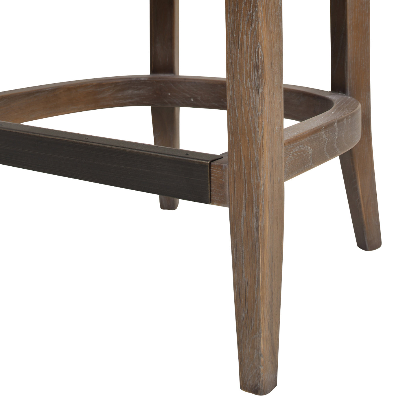 Rustic distressed oak bar stool legs with dark metal footrest