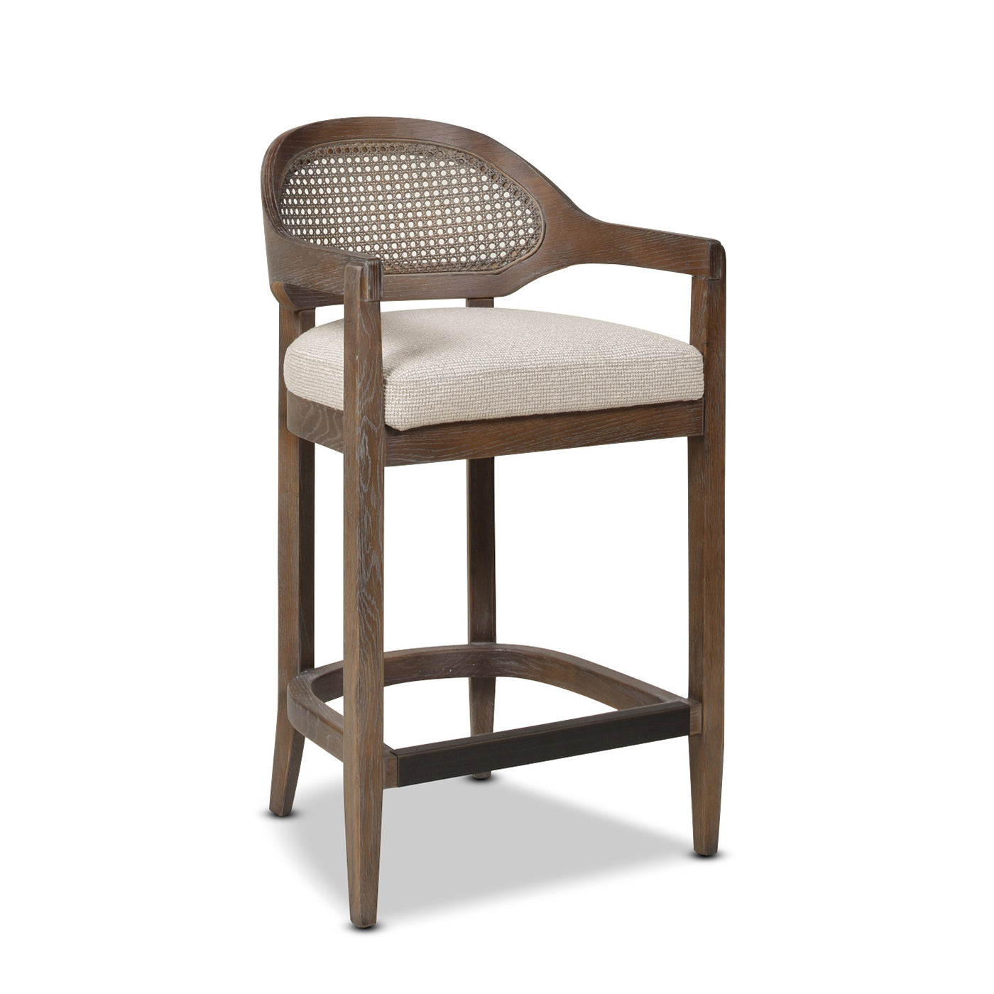 Wooden bar stool with woven cane back and light linen upholstered seat