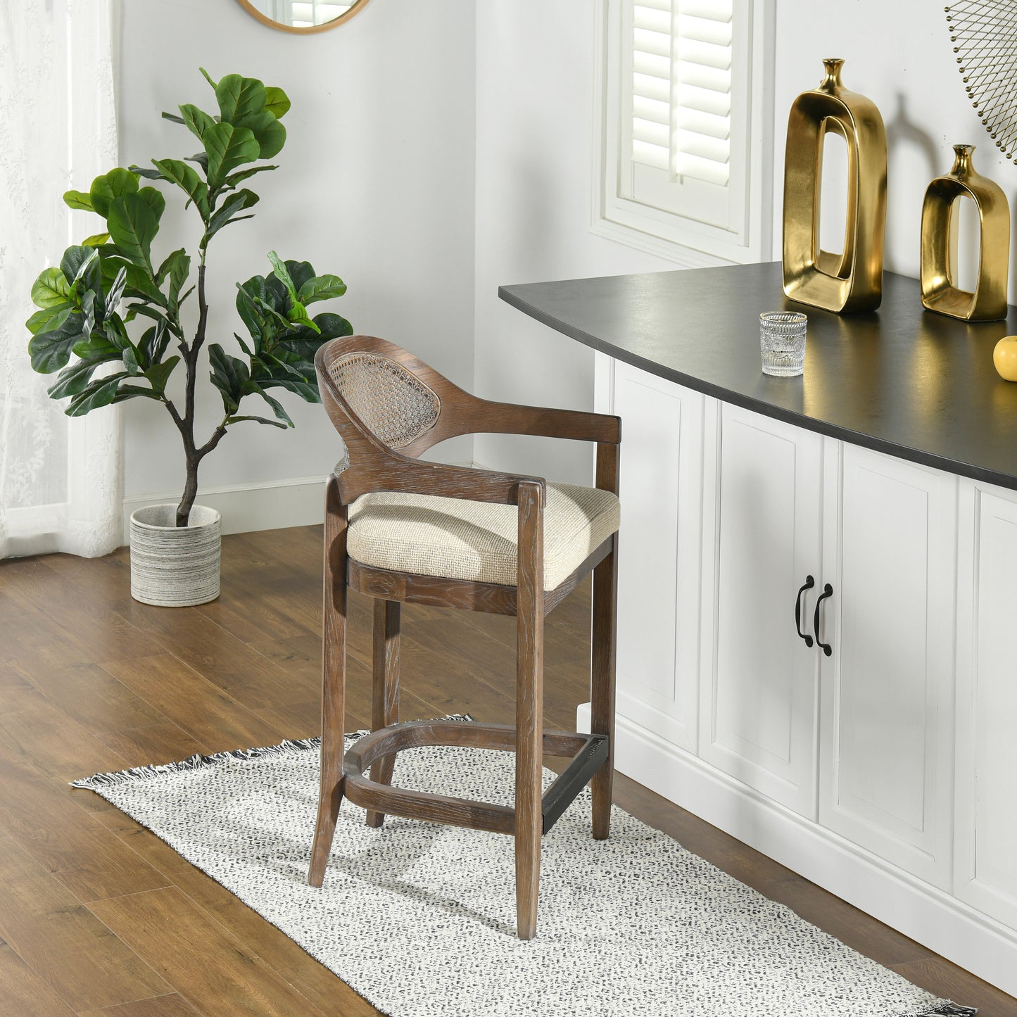Rustic brown wooden bar stool with woven cane back and upholstered seat