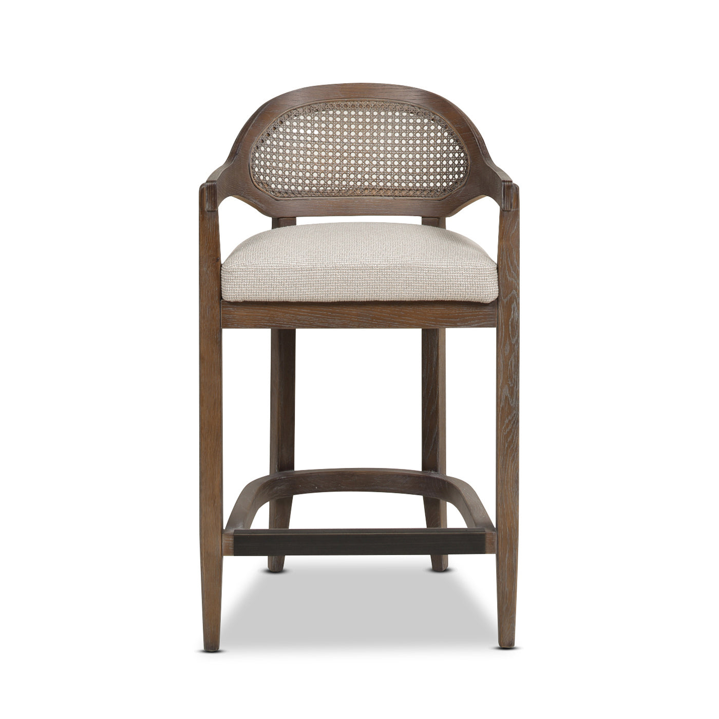 Brown wooden bar stool with woven back and upholstered seat