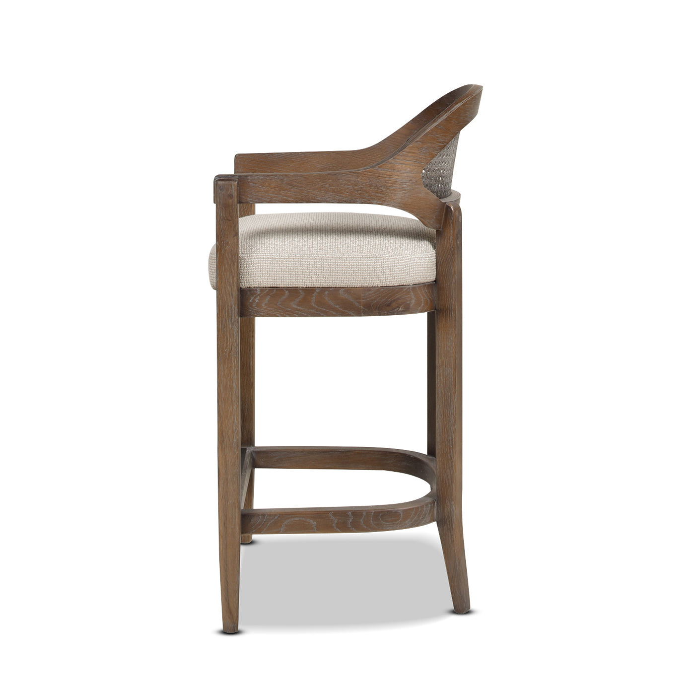Rustic oak bar stool with woven back and upholstered seat