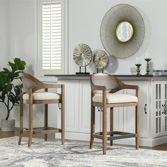 Two distressed wood bar stools with cane backs and upholstered seats