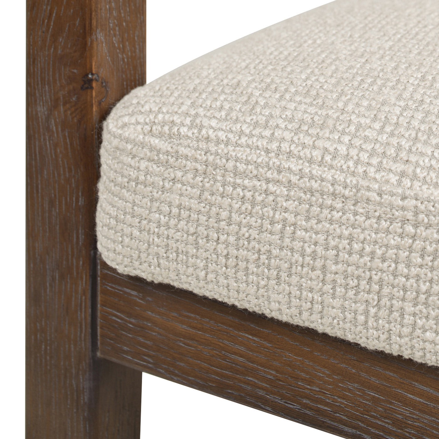 Textured beige upholstered seat with dark wood frame rustic dining chair detail