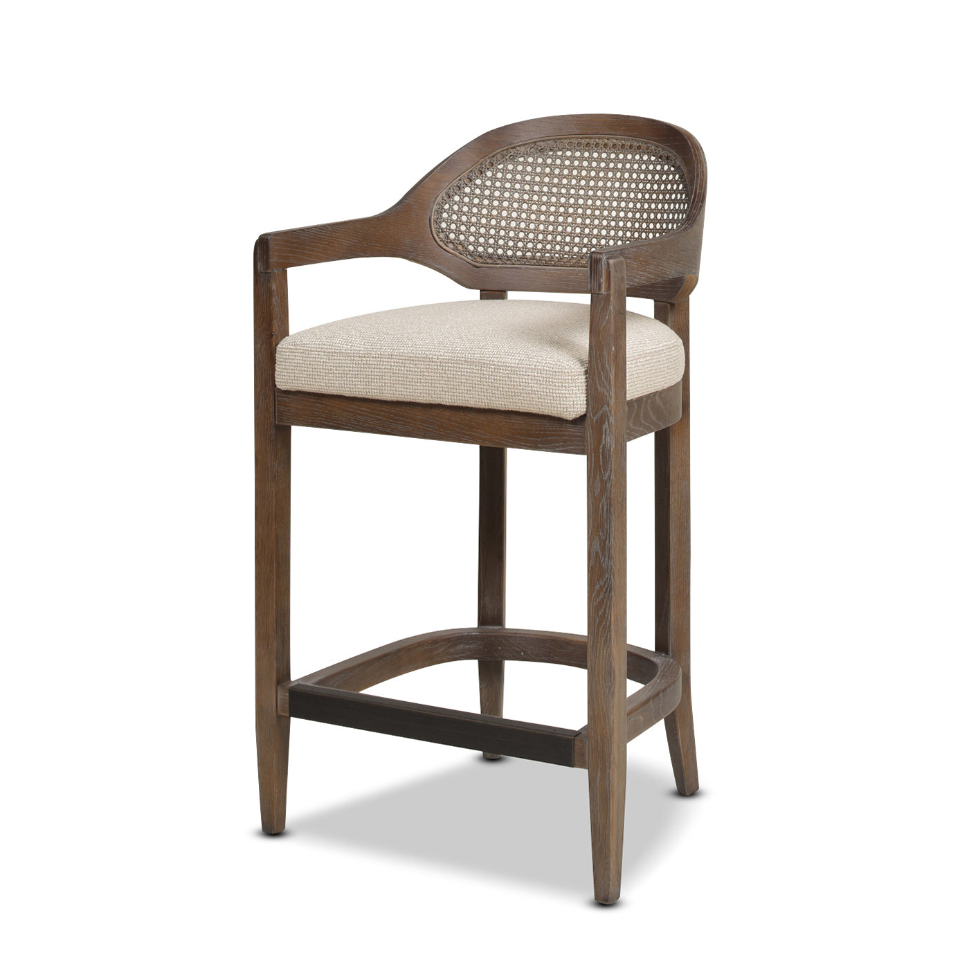 Dark wood bar stool with natural woven cane back and beige upholstered seat