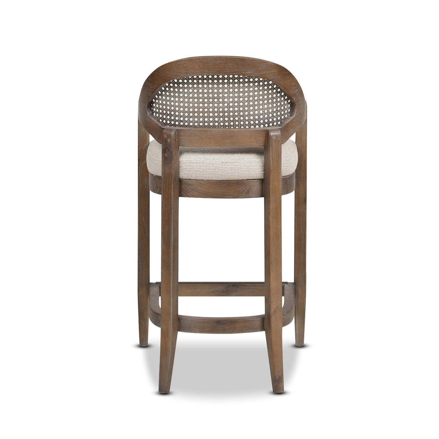 Rustic oak wood bar stool with cane back and upholstered seat perfect for kitchen island seating