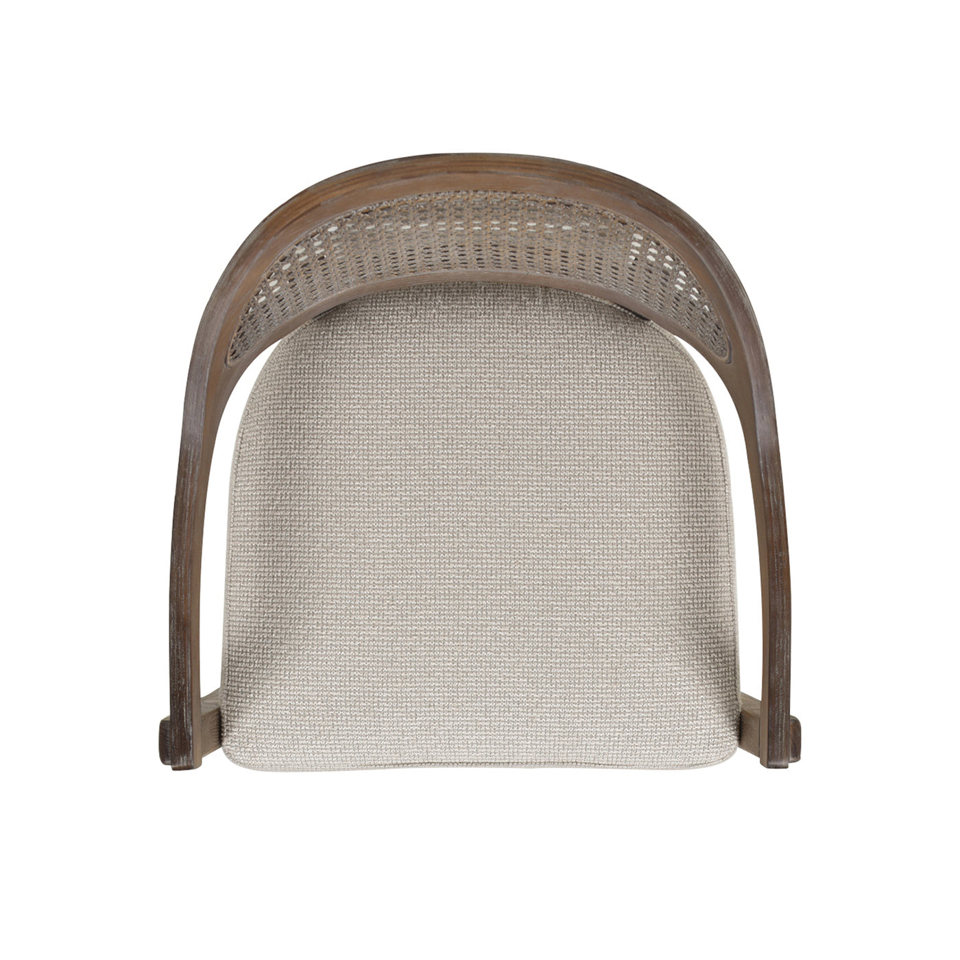 Top view of a light gray upholstered caneback dining chair with a dark wood frame