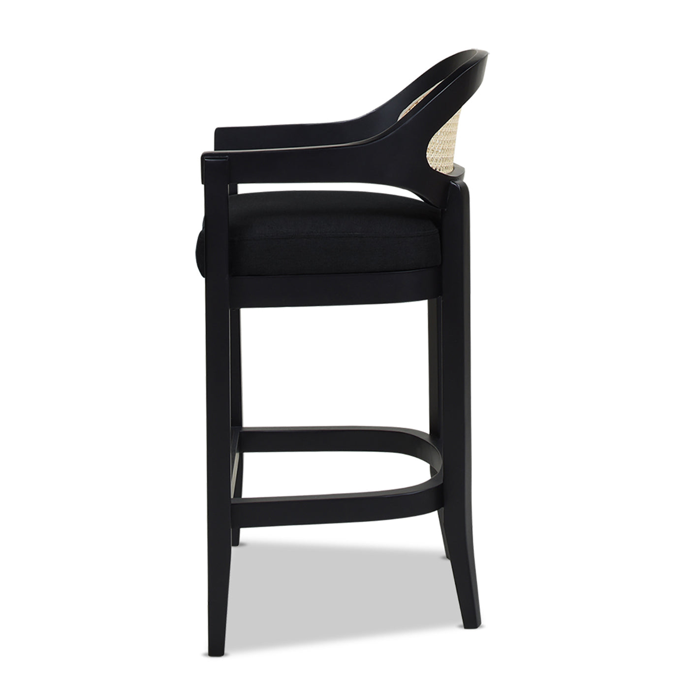 Black upholstered bar stool with curved backrest and rattan detailing ideal for modern kitchens