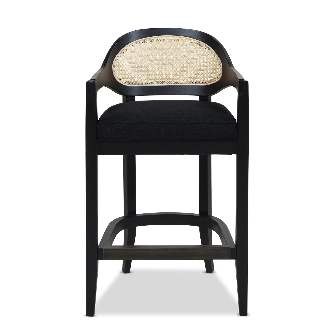Black caneback bar stool with a dark fabric seat and wooden frame