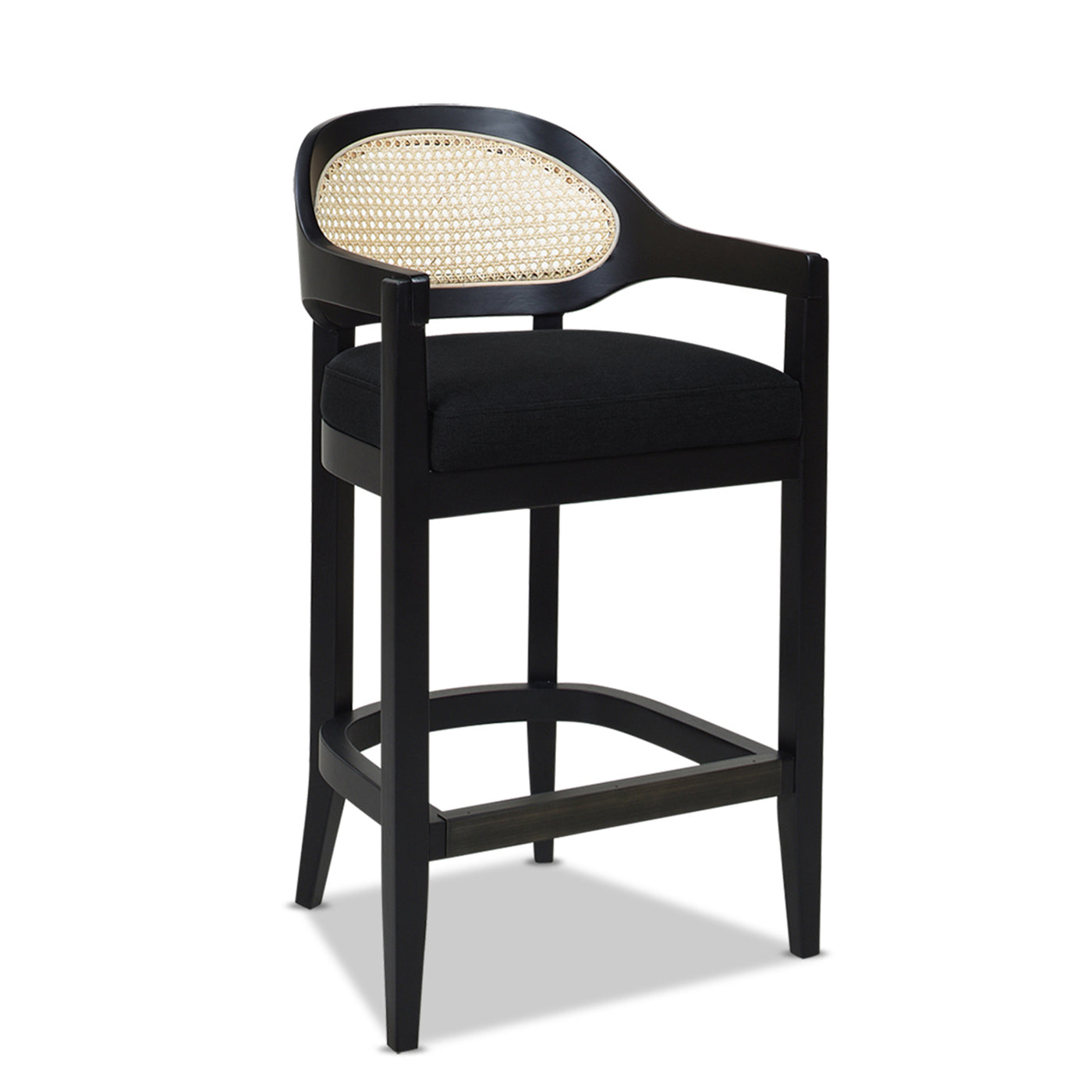 Black upholstered bar stool with cane back and armrests