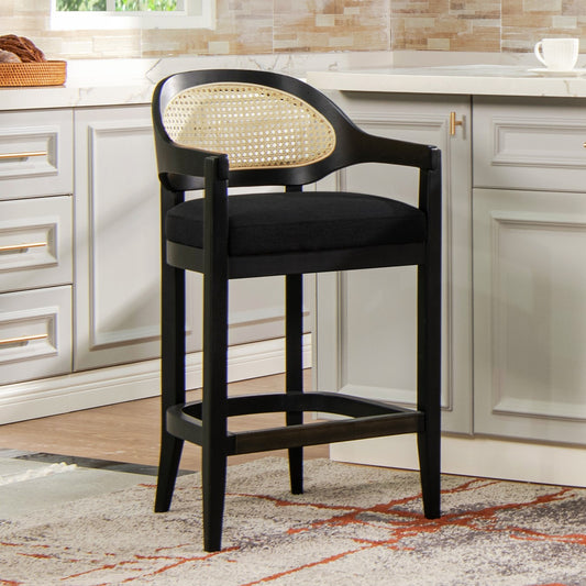 Black caneback bar stool with upholstered seat for modern kitchens