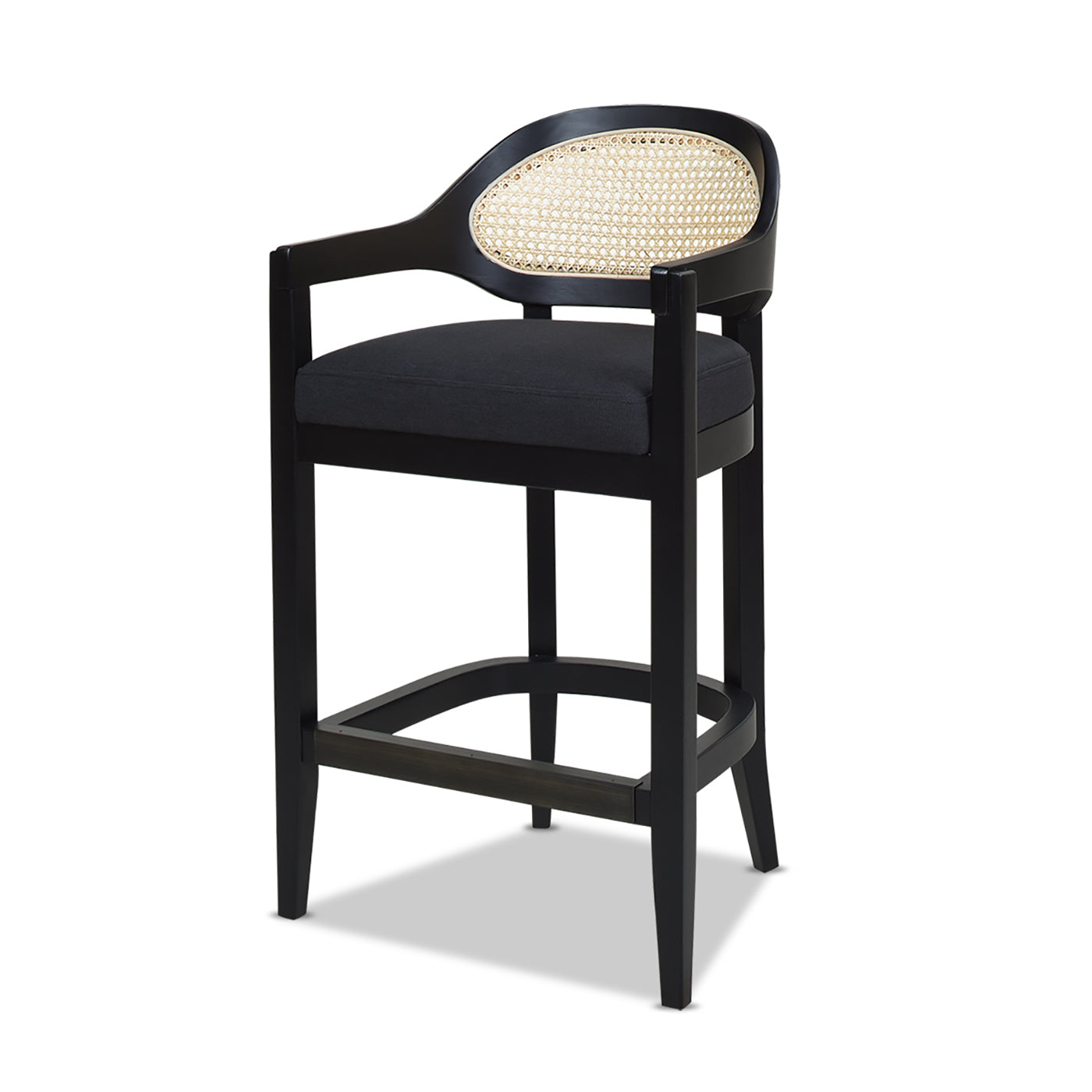 Black wood bar stool with cane back and dark gray upholstered seat