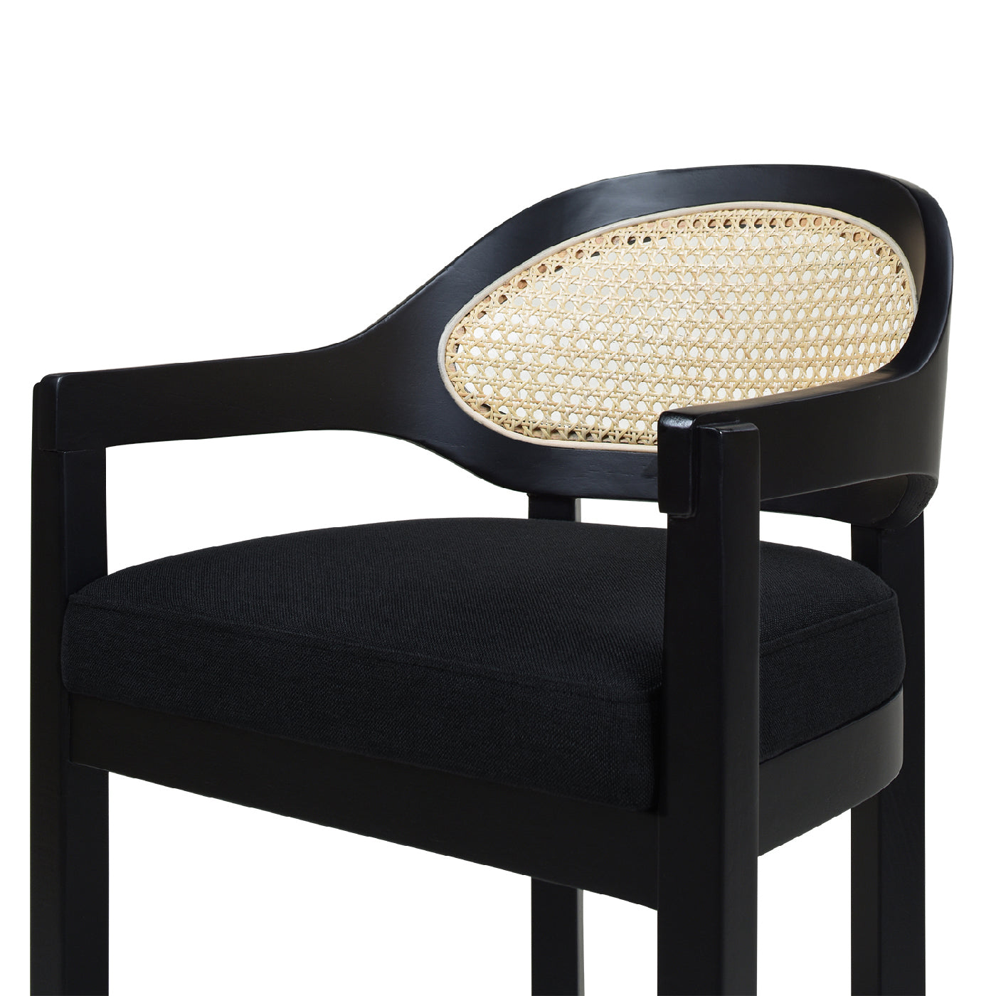 Black cane back accent chair with upholstered seat