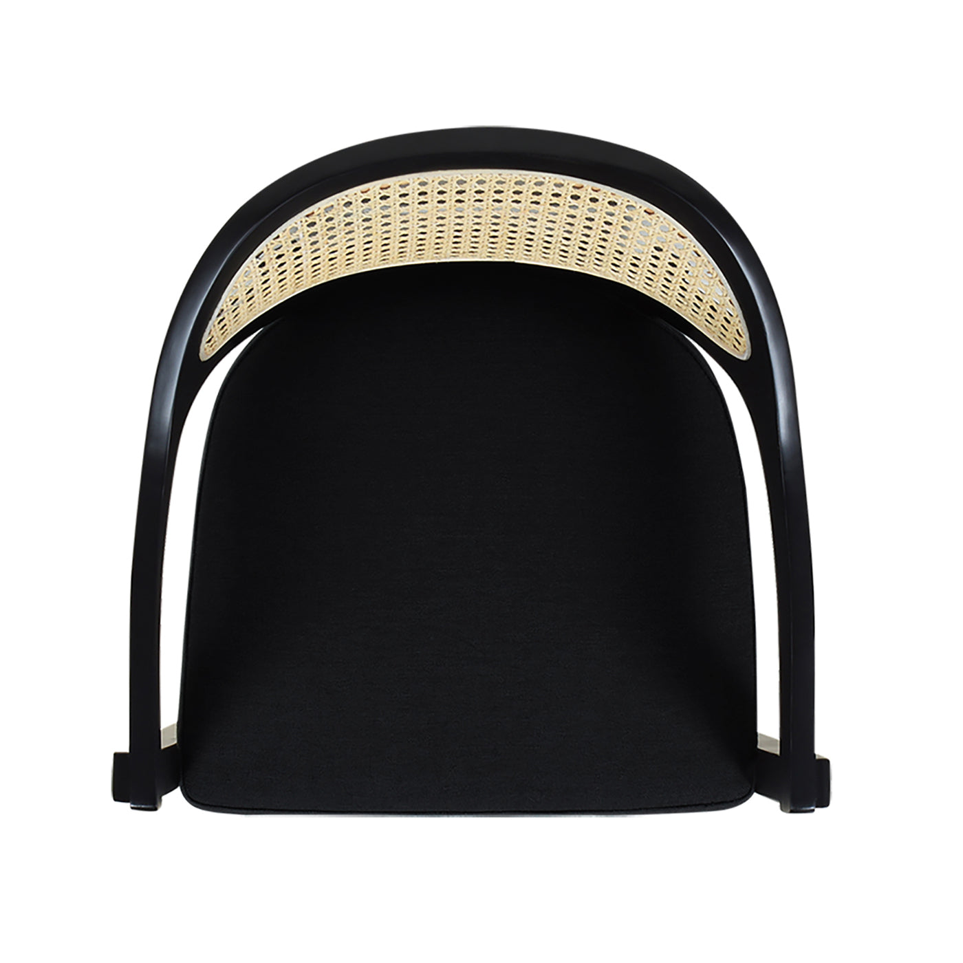 Black armchair with woven cane backrest and padded seat midcentury modern style