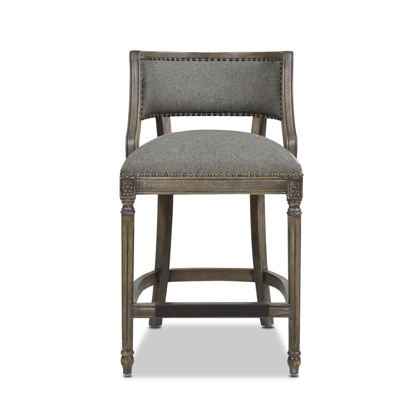 Tufted grey fabric bar stool with antique wood frame and nailhead trim