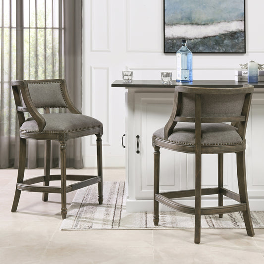 Distressed oak finish counter stool with grey upholstered seat and back