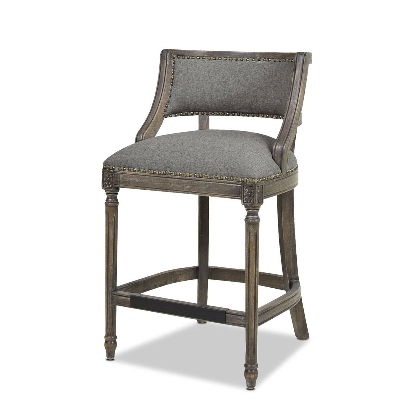 Gray upholstered wooden bar stool with nailhead trim detail