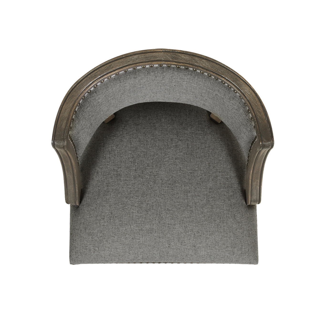 Top view of a gray upholstered accent chair with carved wood frame and nailhead trim
