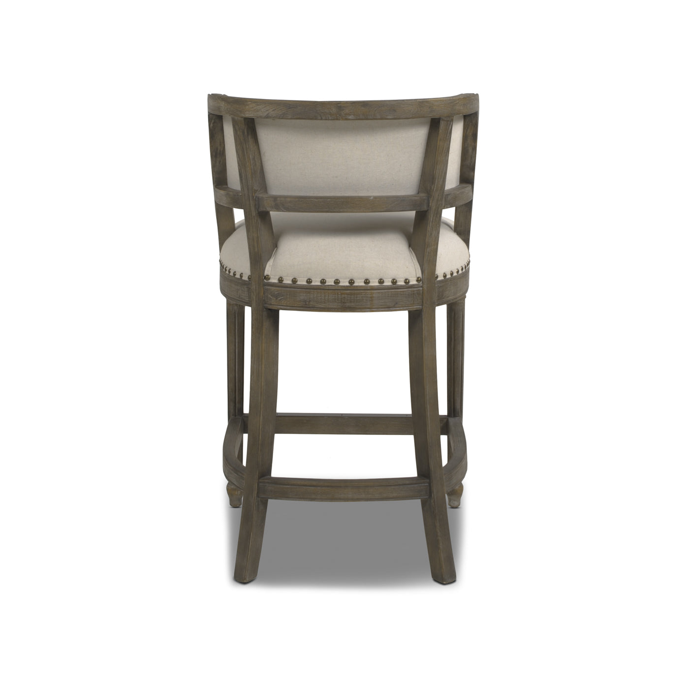 Back view of a rustic wooden bar stool with a neutral linen upholstered seat and back