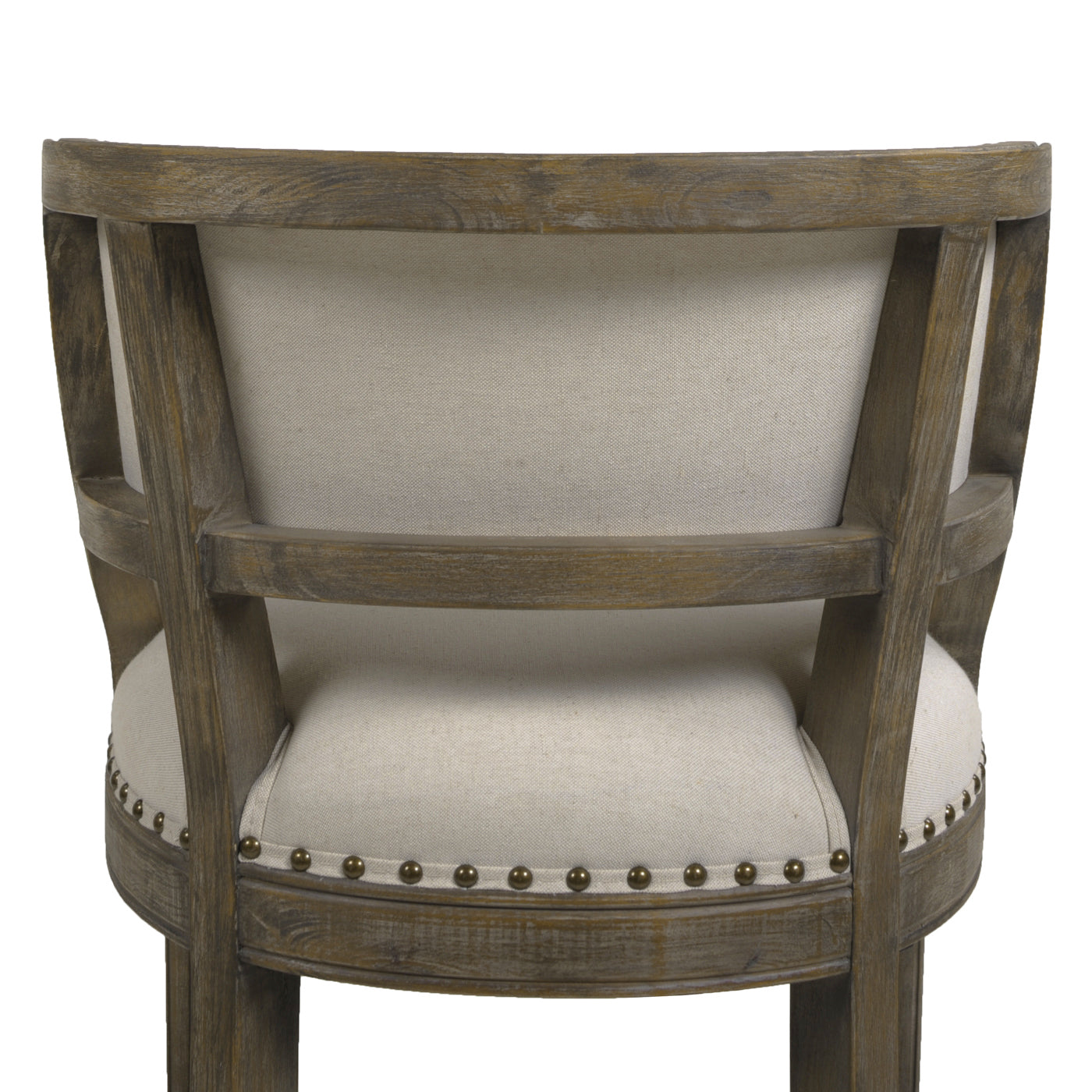 Weathered wood accent chair with cream linen upholstery and antique brass nailhead trim