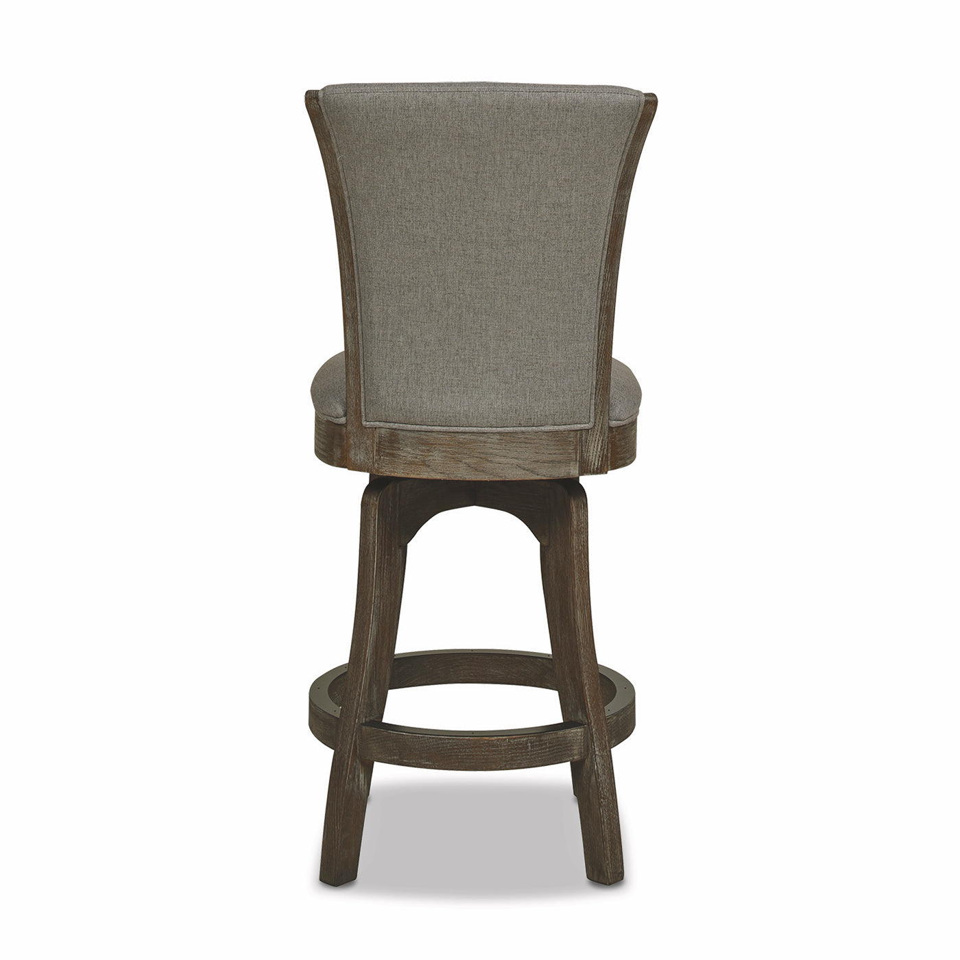 Gray upholstered swivel bar stool with distressed wood base