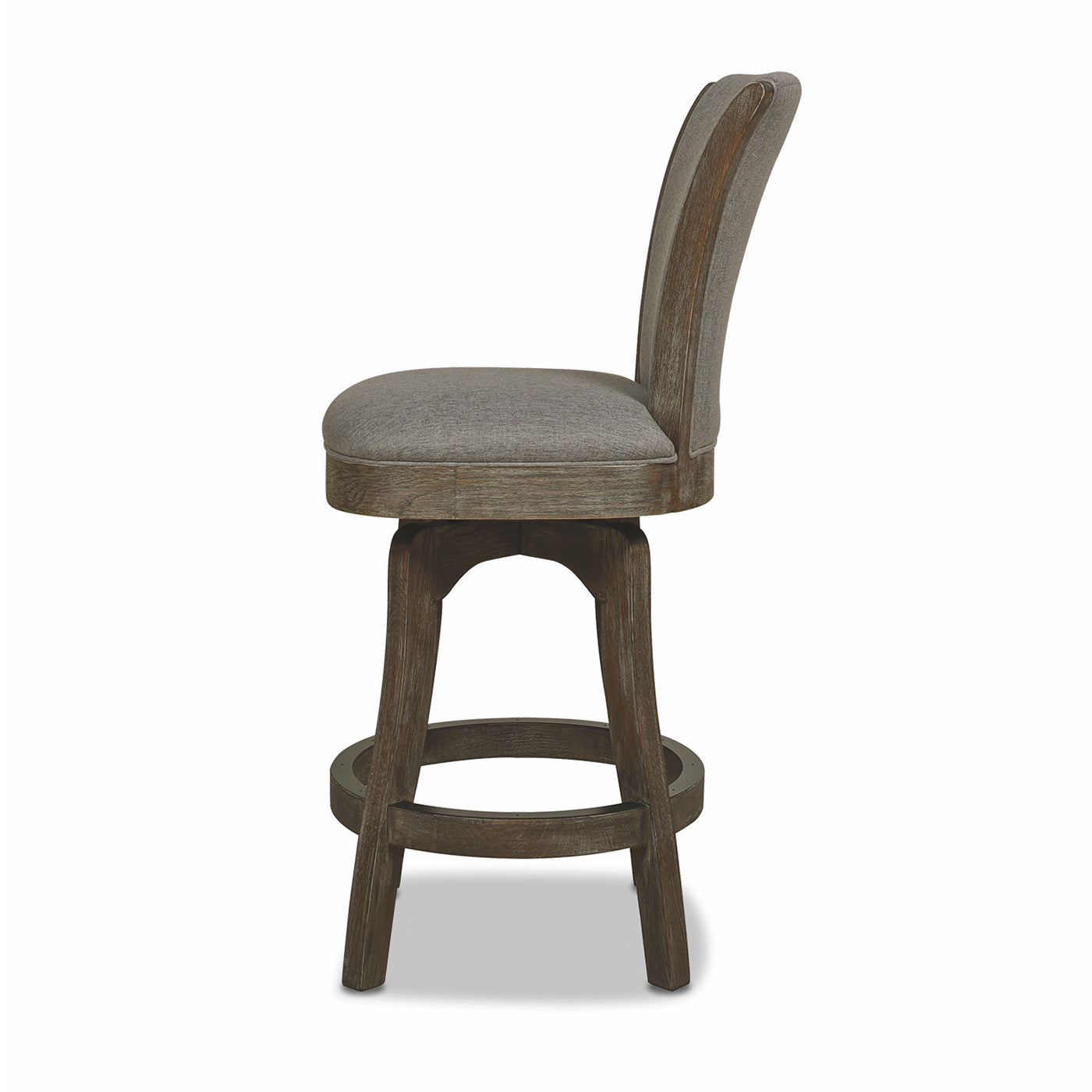 Gray upholstered swivel bar stool with distressed wood base and curved back