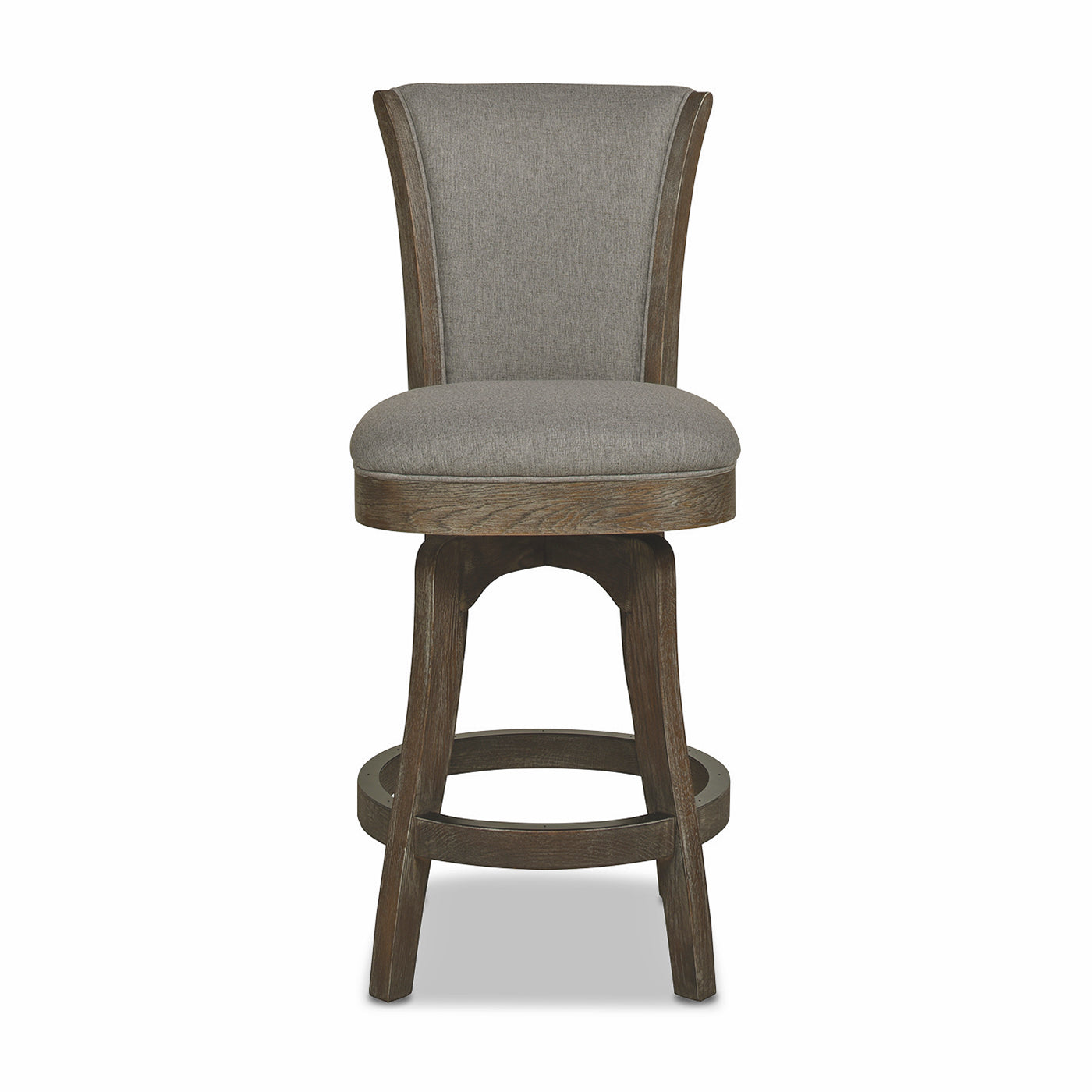 Upholstered grey swivel bar stool with dark wood base and ring footrest