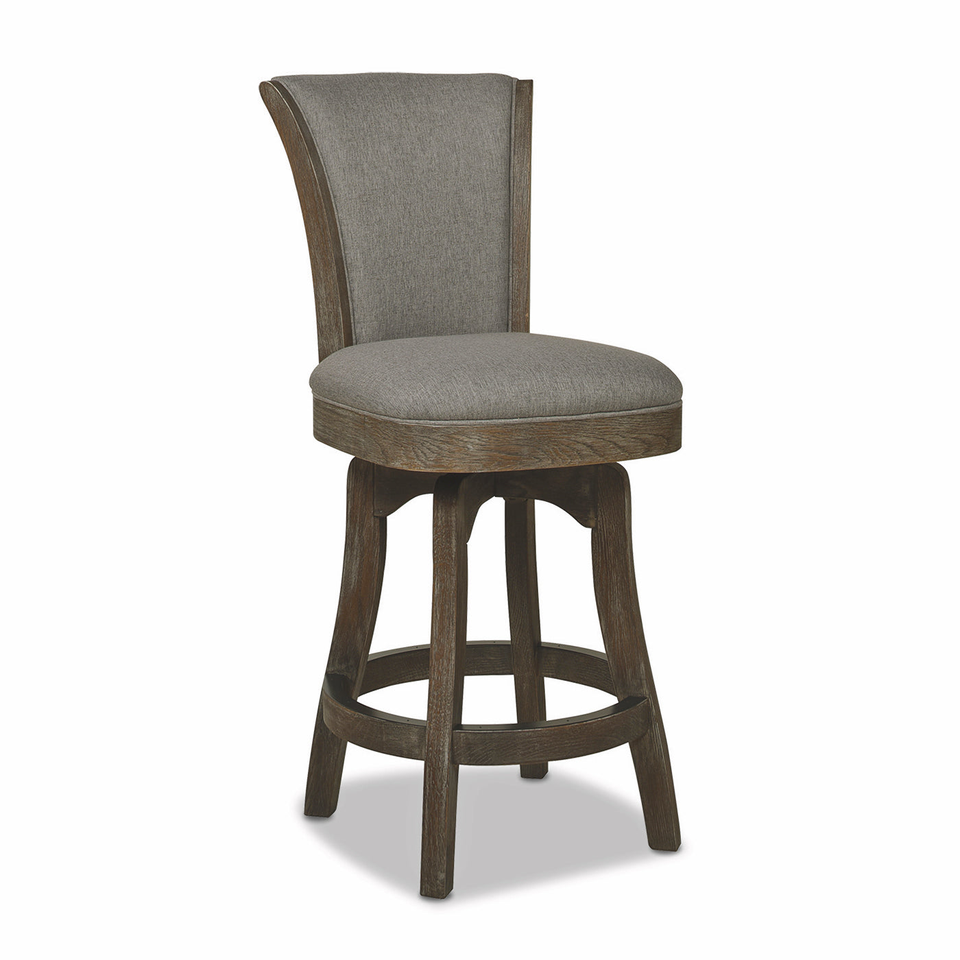 Gray upholstered swivel bar stool with distressed wood base and curved back