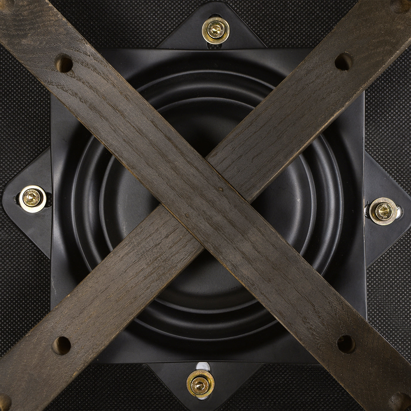 Dark wood Xframe on black swivel base with textured fabric backing