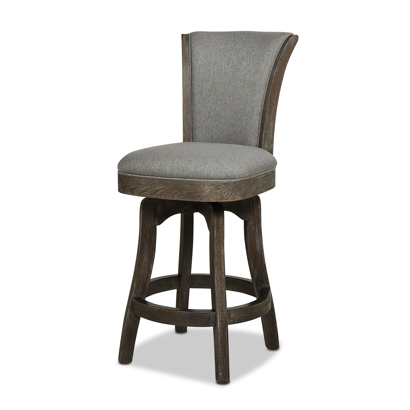 Grey upholstered swivel bar stool with distressed wood base