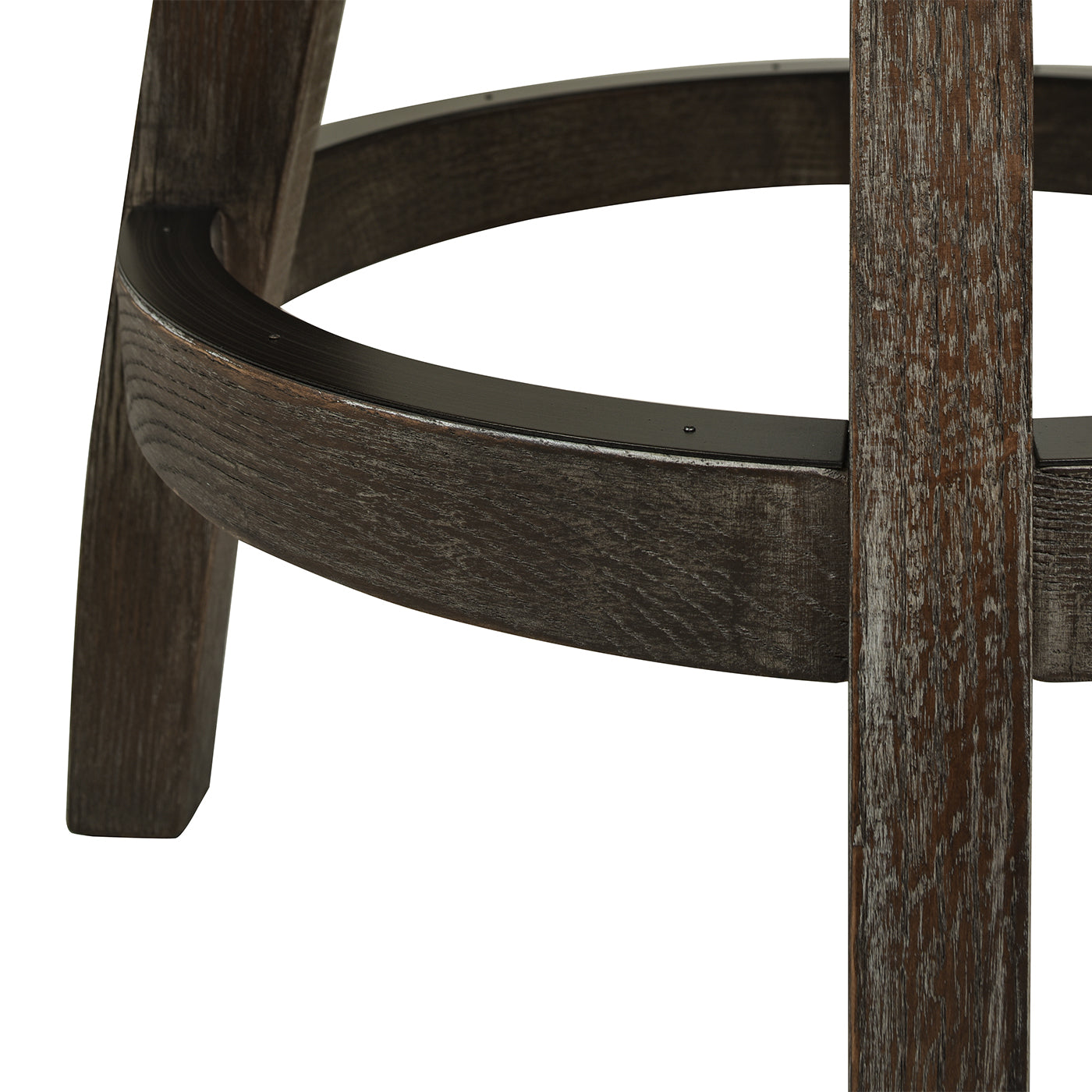 Closeup of dark wood bar stool base with metal ring support