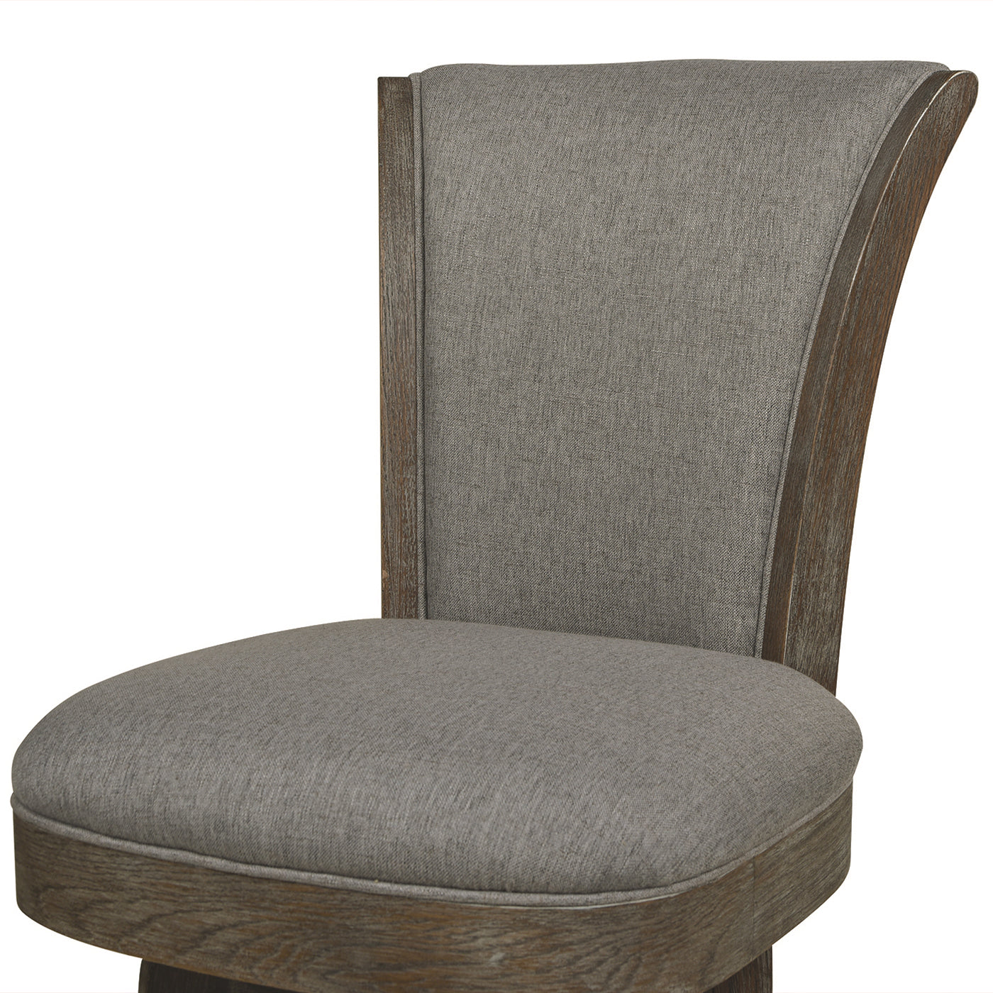 Gray upholstered bar stool with wood accents on seat and back